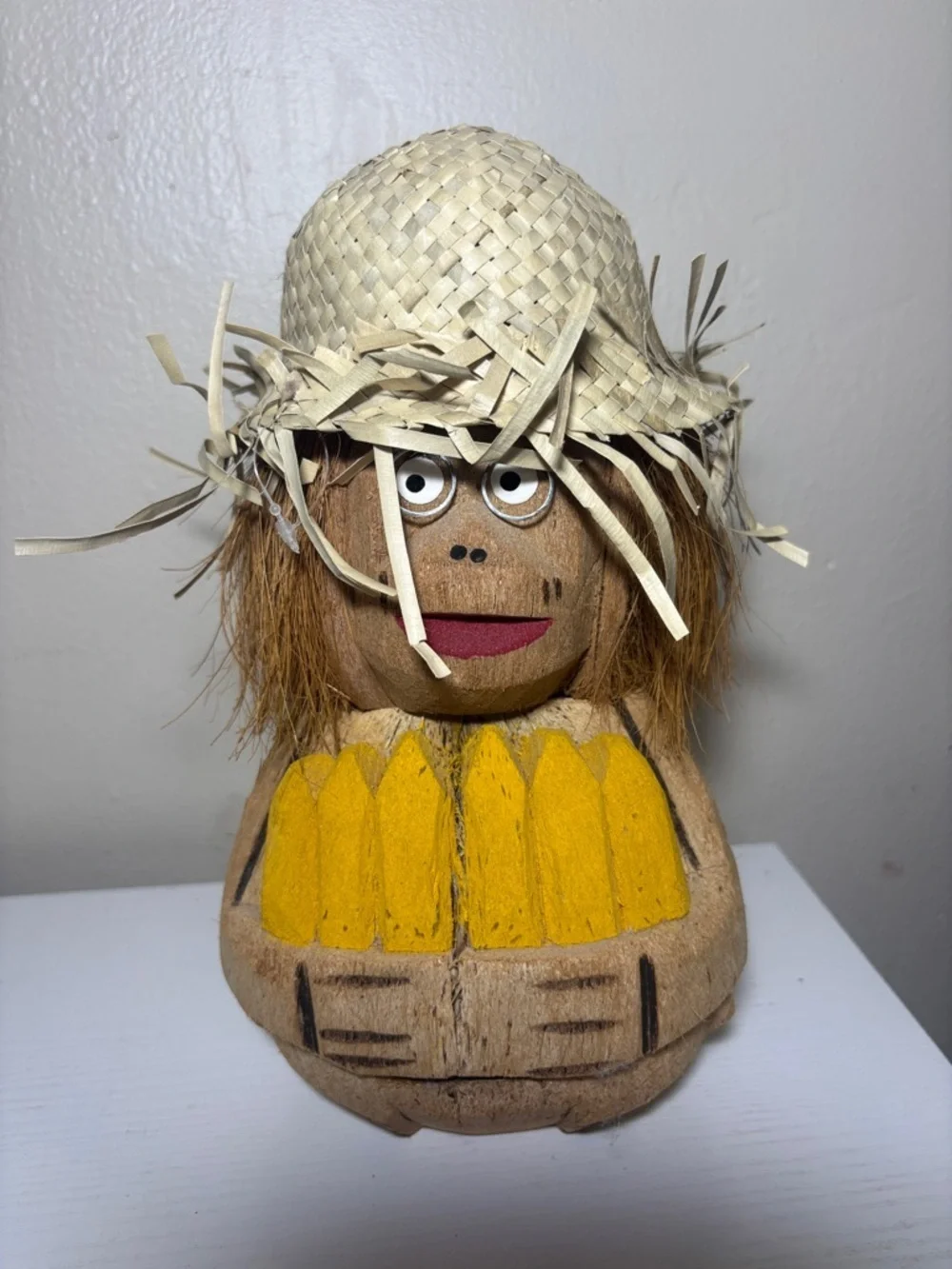 Tropical Coconut Figurine with Straw Hat - Yellow Accent